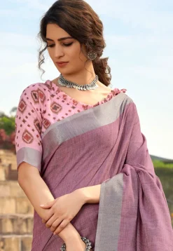 Woven Linen Silk Saree in Dusty Purple