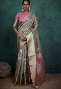 Woven Linen Silk Saree in Light Grey