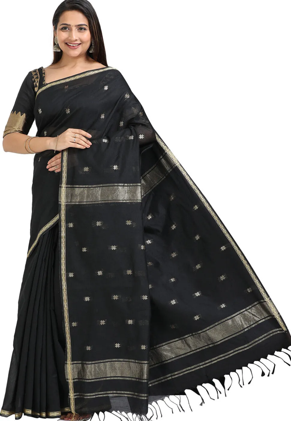Woven Maheshwari Cotton Saree in Black