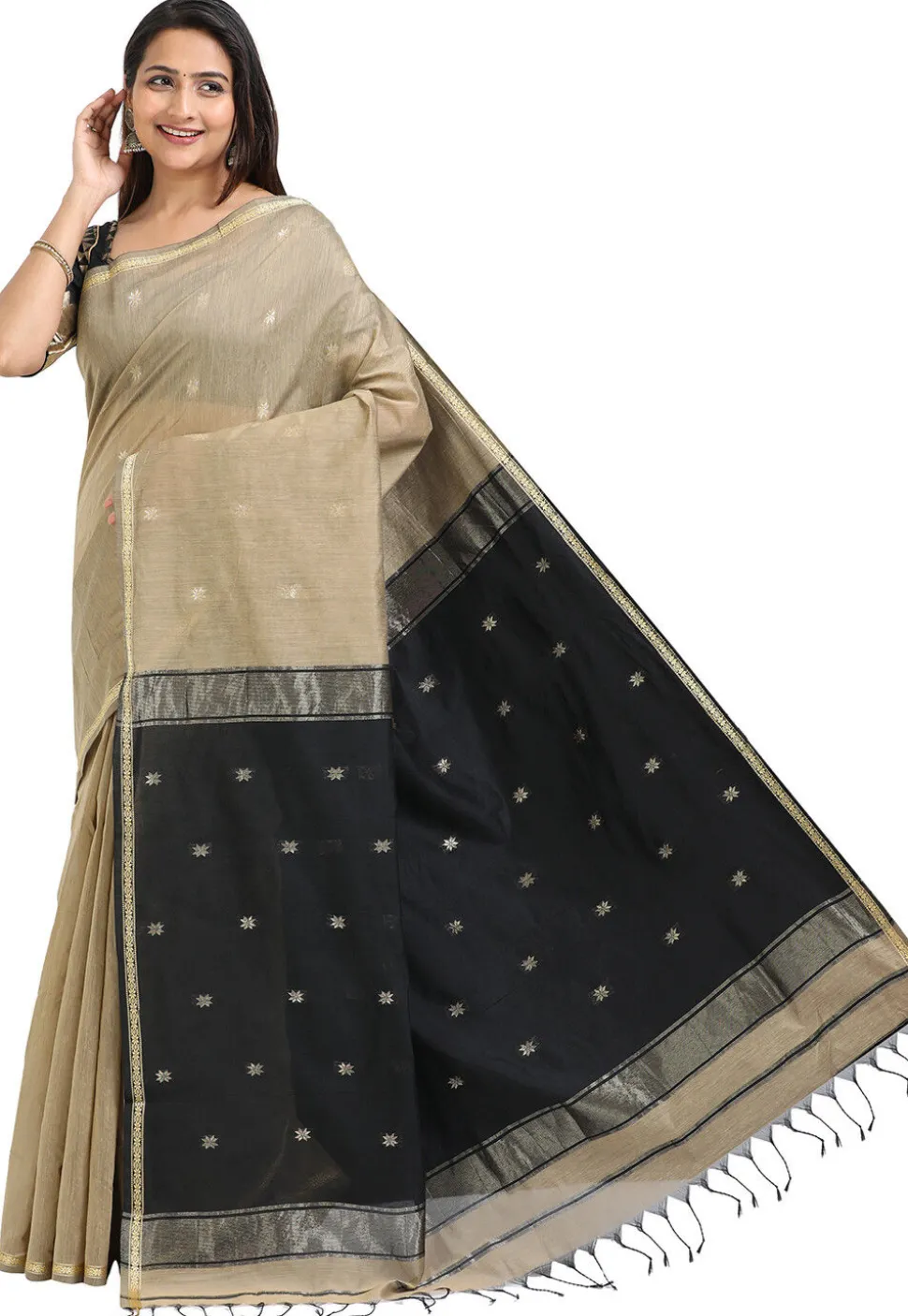 Woven Maheshwari Cotton Saree in Beige