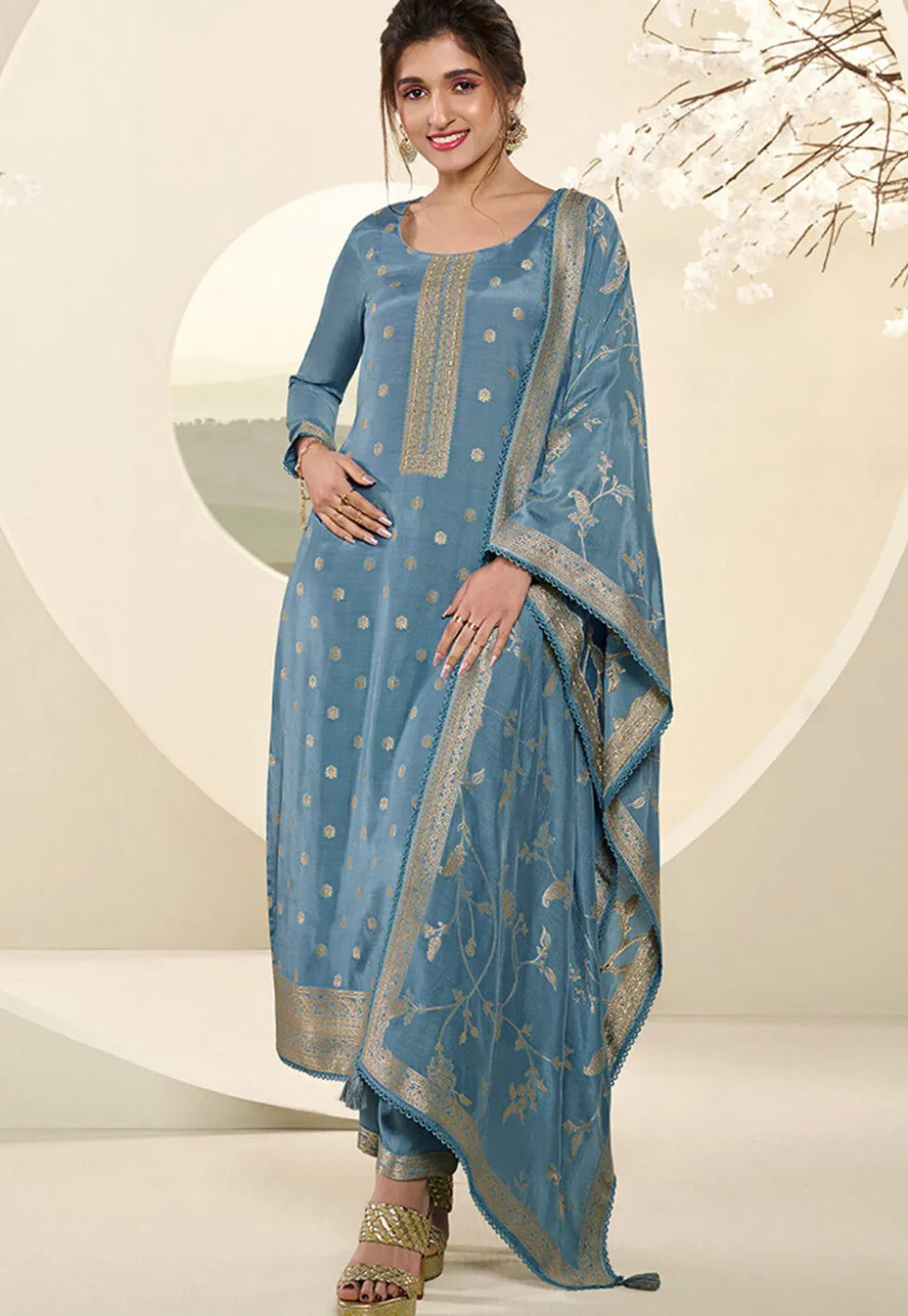 Woven Muslin Silk Jacquard Pakistani Suit in Sky Blue