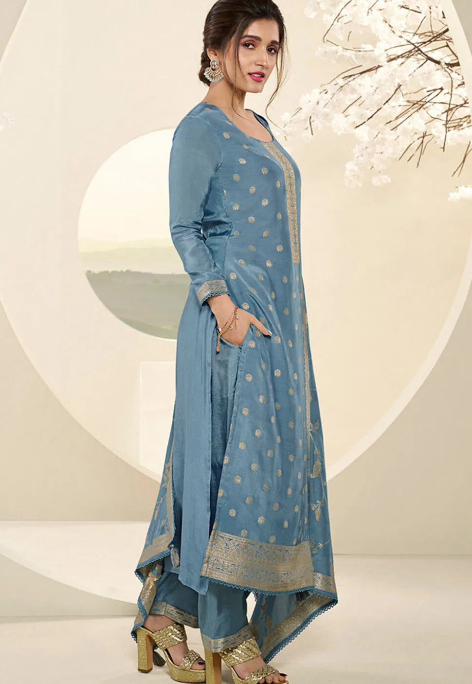 Woven Muslin Silk Jacquard Pakistani Suit in Sky Blue