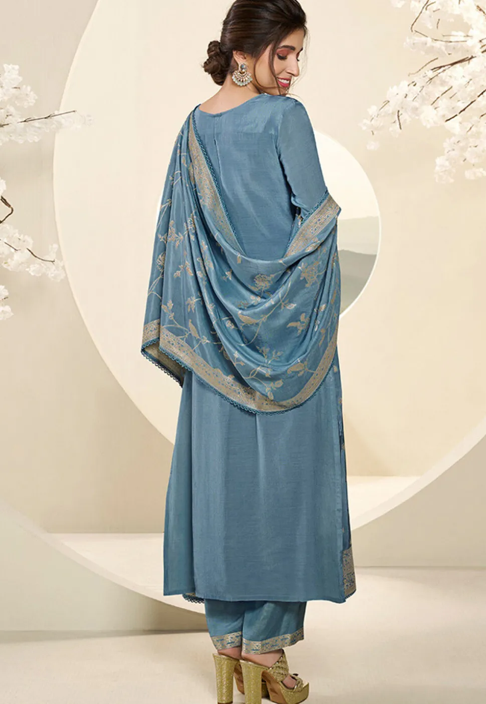 Woven Muslin Silk Jacquard Pakistani Suit in Sky Blue