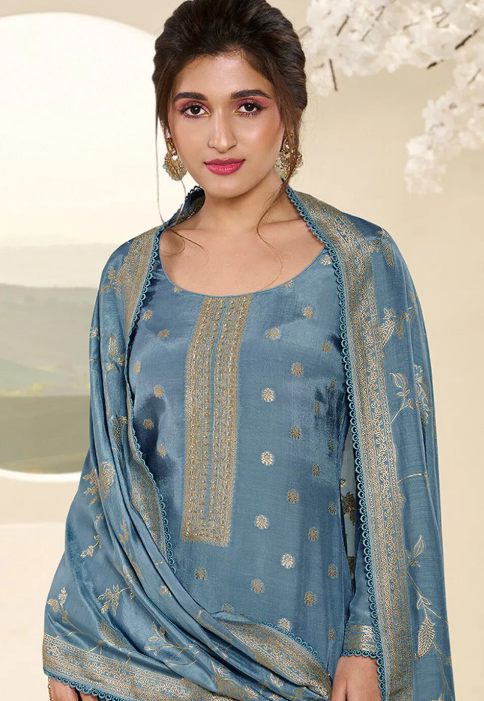 Woven Muslin Silk Jacquard Pakistani Suit in Sky Blue