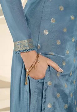 Woven Muslin Silk Jacquard Pakistani Suit in Sky Blue