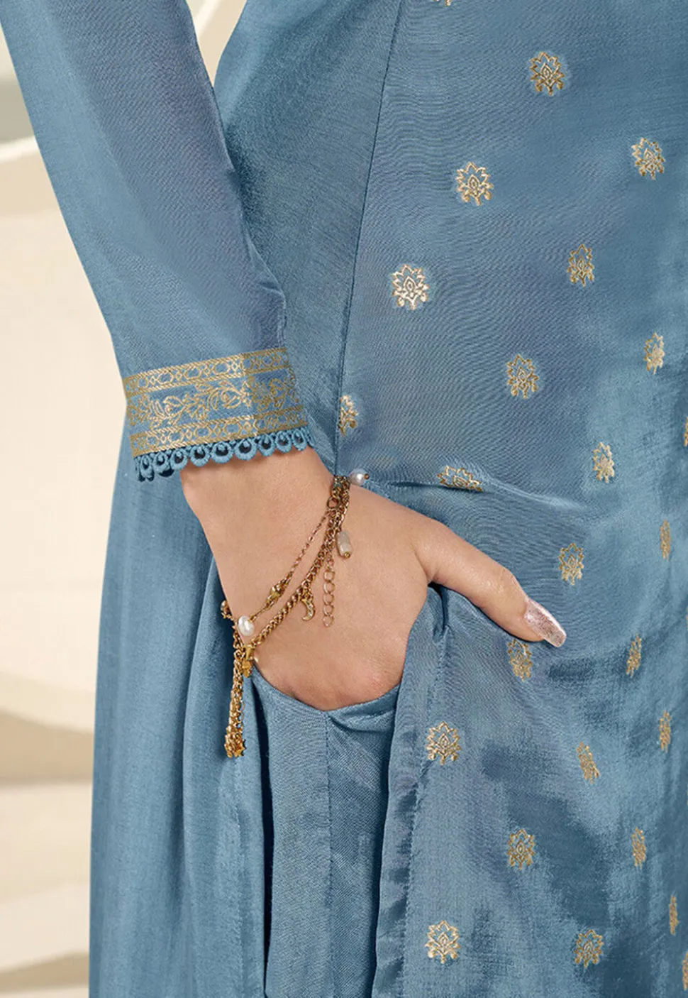 Woven Muslin Silk Jacquard Pakistani Suit in Sky Blue