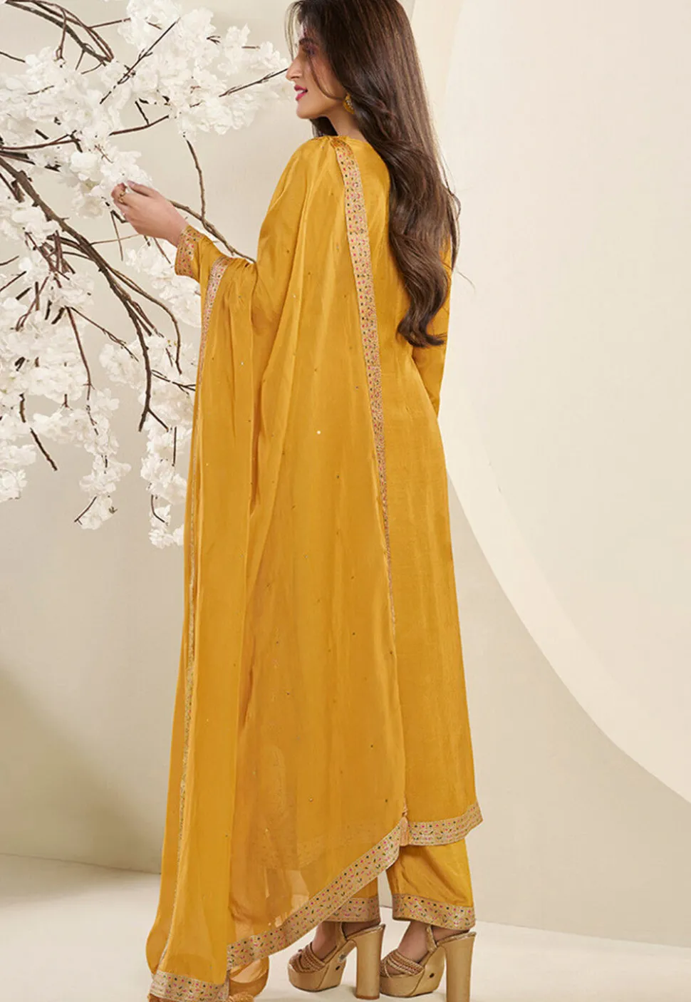 Woven Muslin Silk Jacquard Pakistani Suit in Mustard