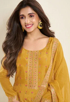 Woven Muslin Silk Jacquard Pakistani Suit in Mustard