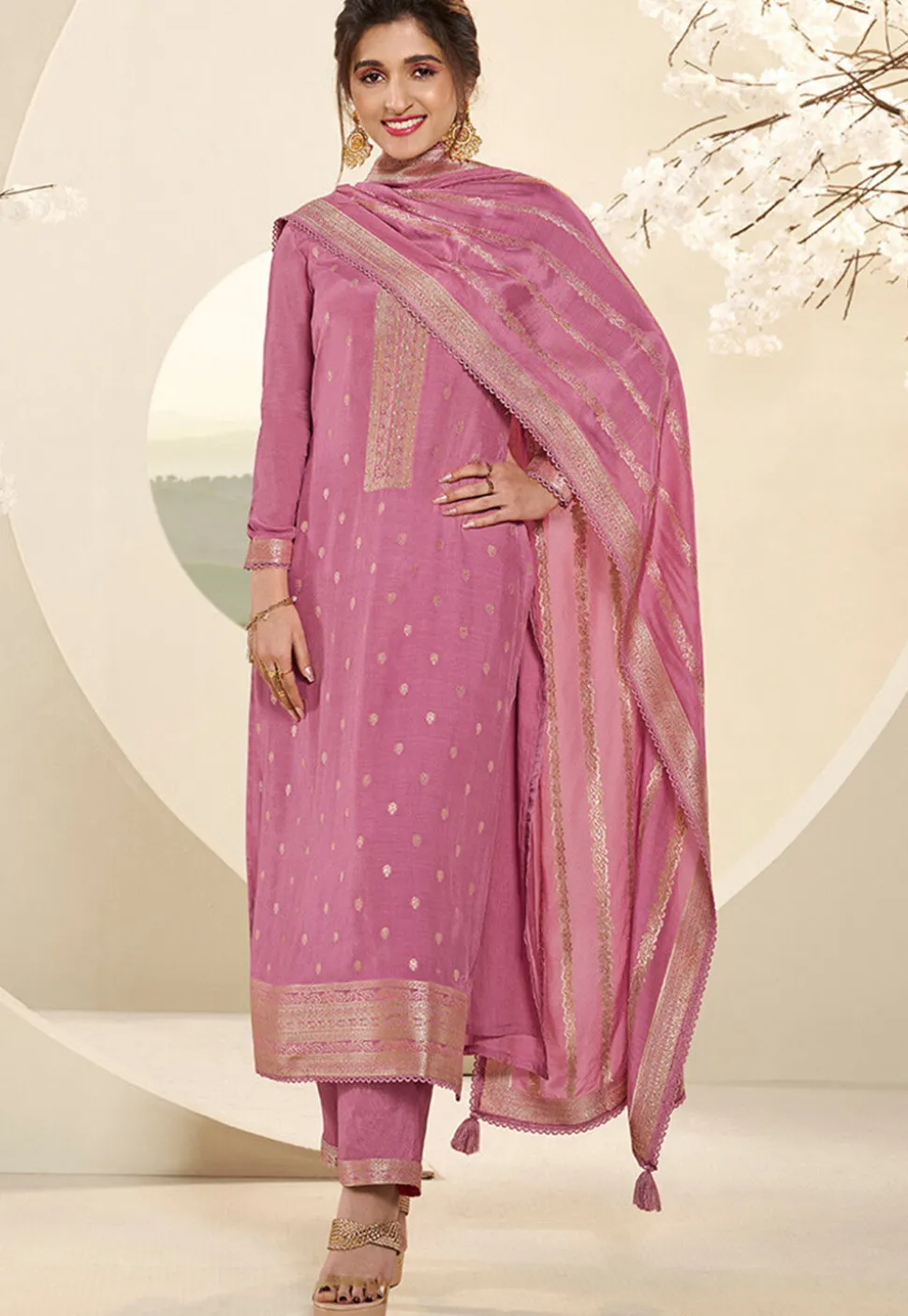 Woven Muslin Silk Jacquard Pakistani Suit in Pink
