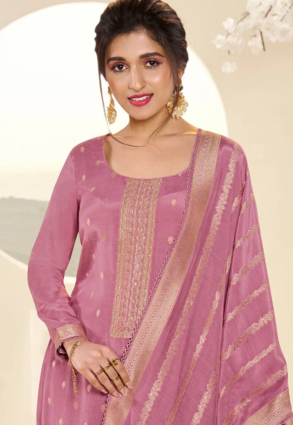 Woven Muslin Silk Jacquard Pakistani Suit in Pink