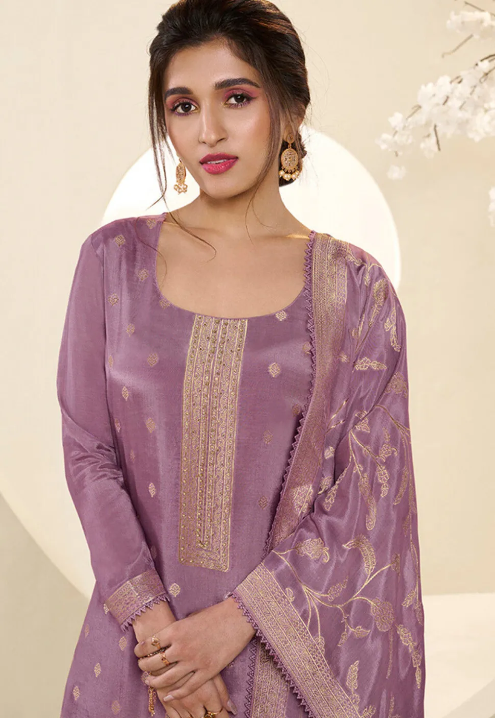Woven Muslin Silk Jacquard Pakistani Suit in Purple