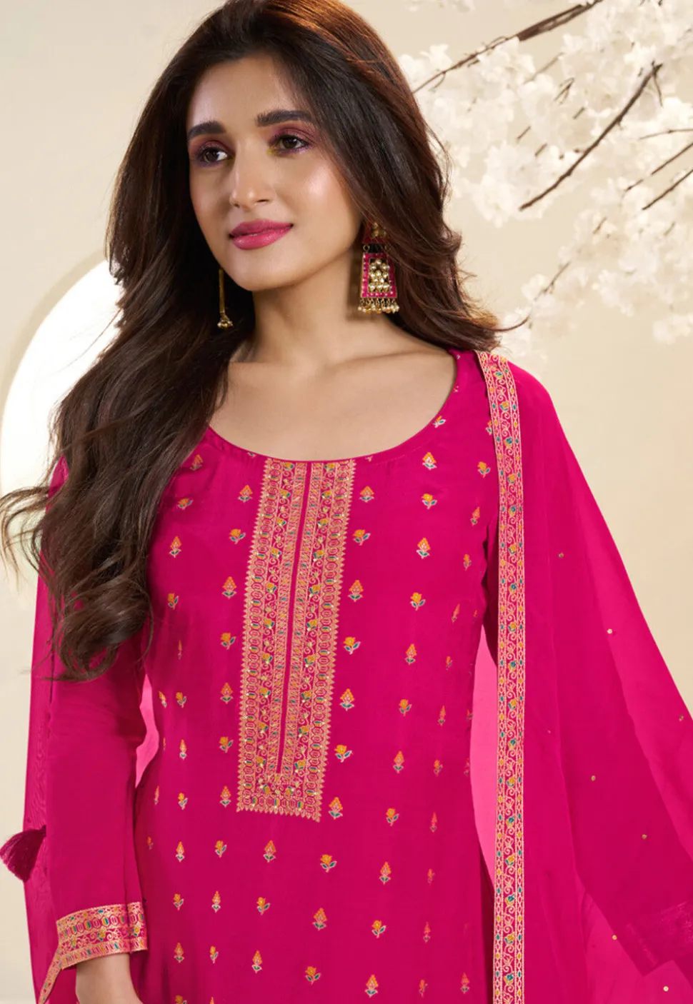Woven Muslin Silk Pakistani Suit in Fuchsia