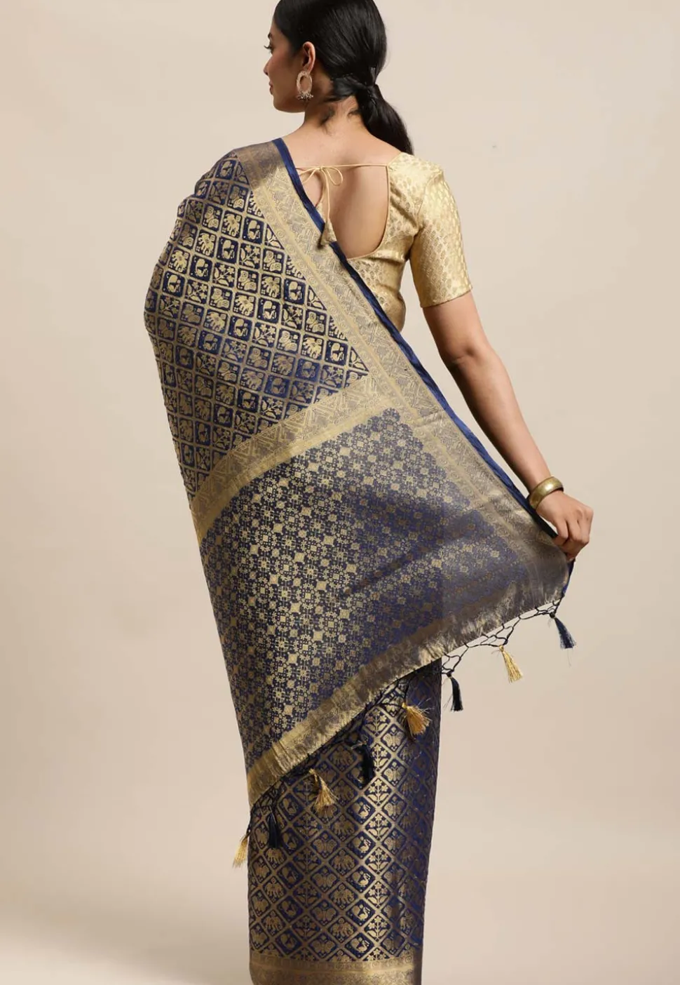 Woven Mysore Crepe Silk Saree in Navy Blue