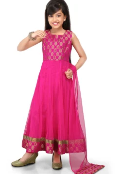 Woven Net Abaya Style Suit in Fuchsia