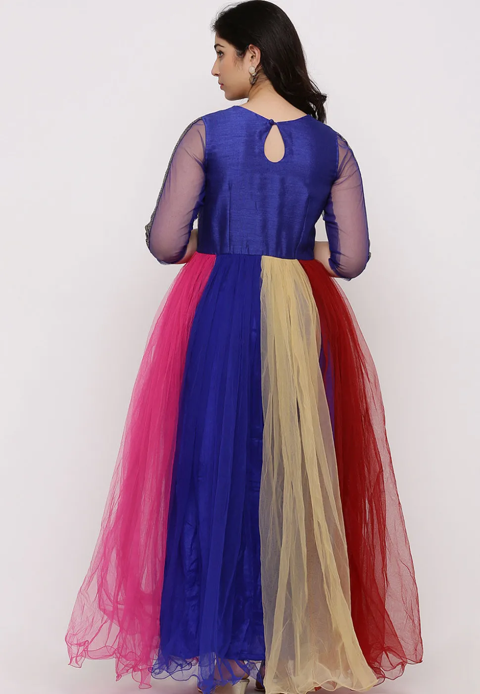 Woven Net Abaya Style Suit in Multicolor and Blue