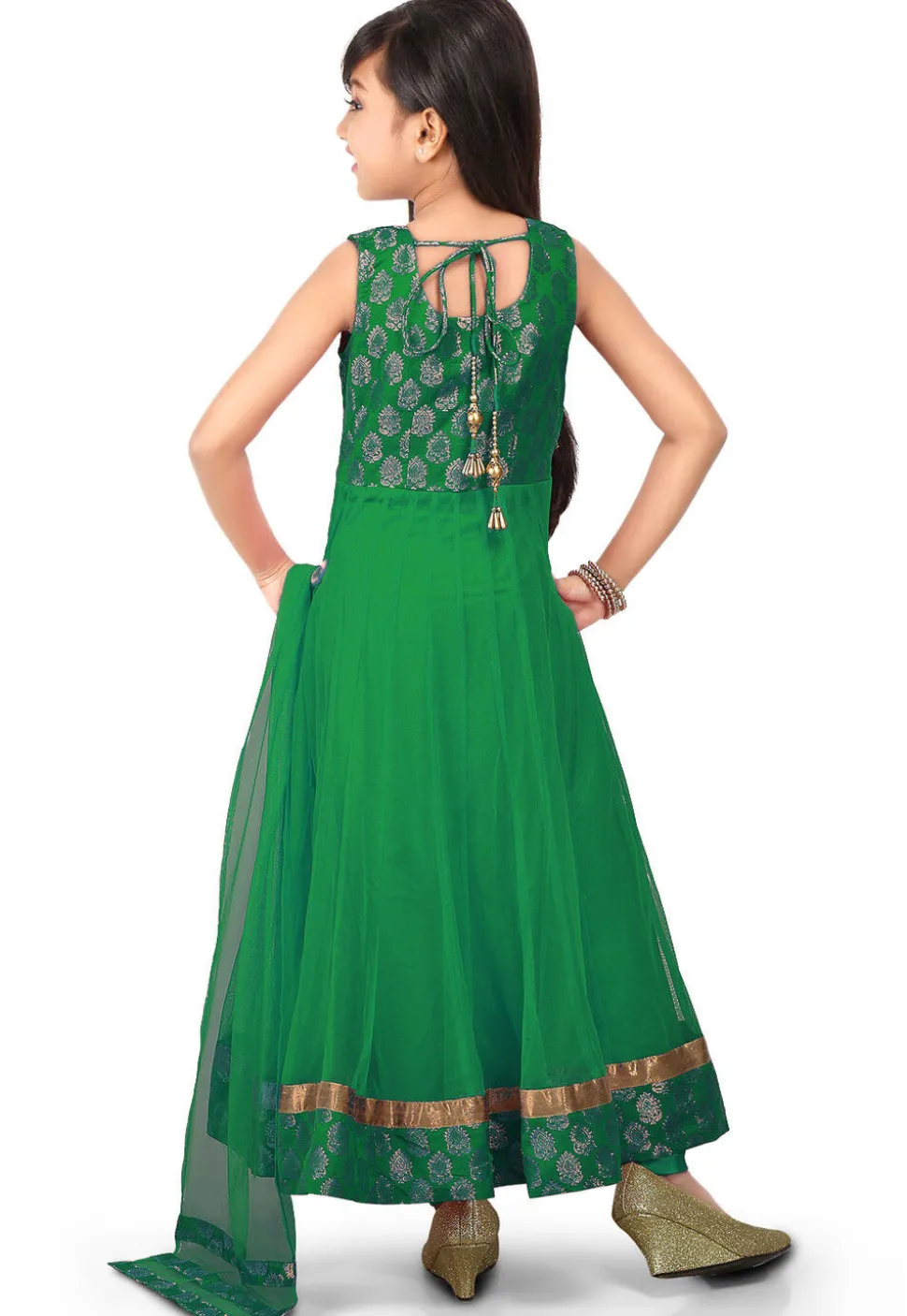 Woven Net Anarkali Suit in Green
