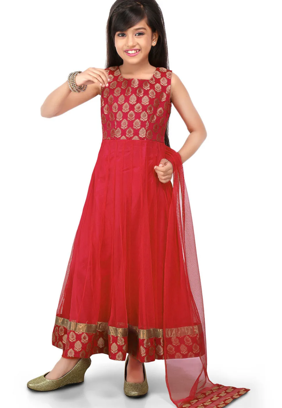 Woven Net Anarkali Suit in Red
