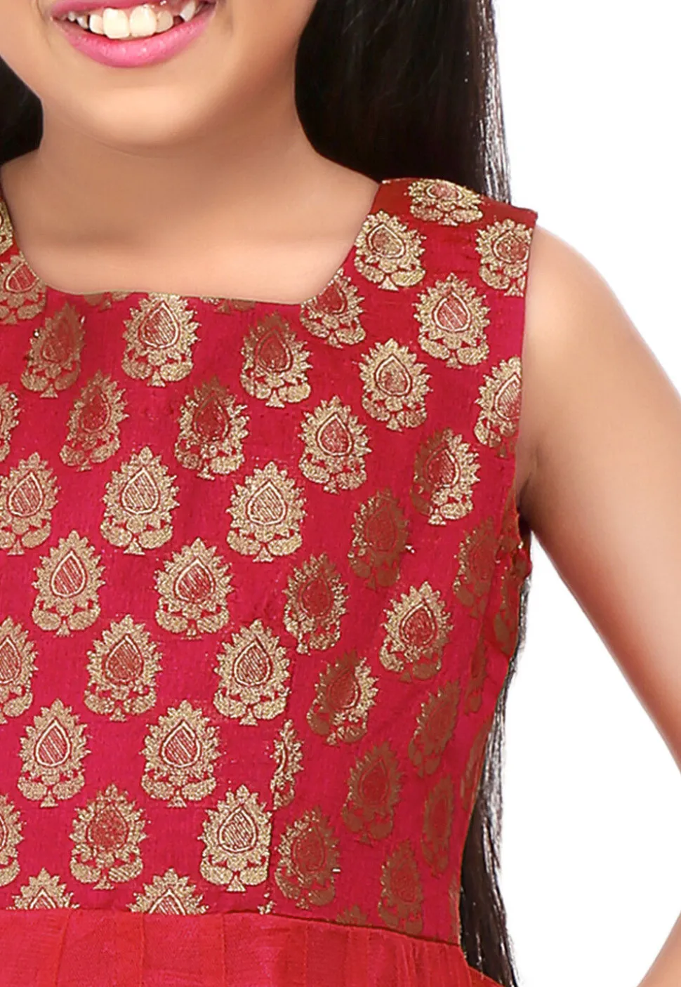Woven Net Anarkali Suit in Red