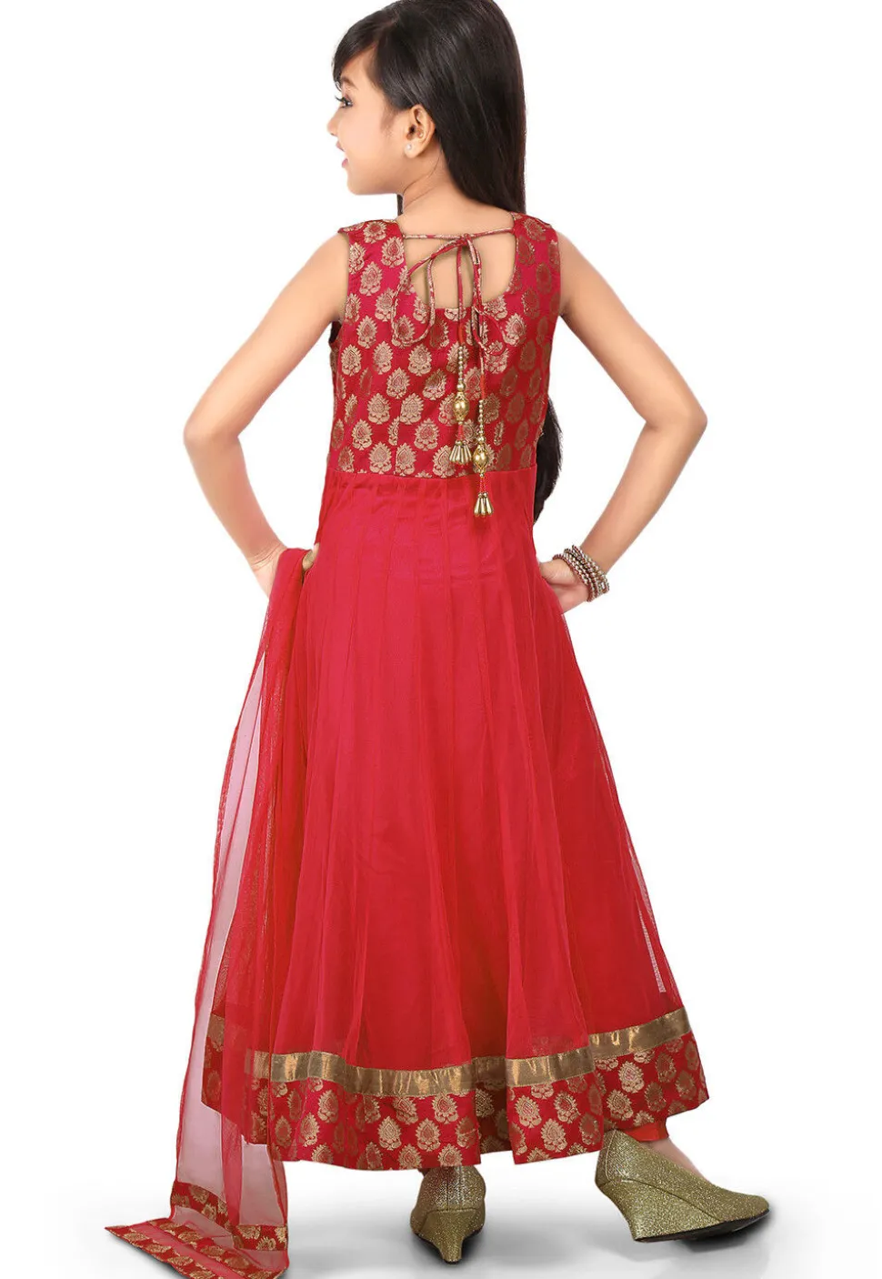 Woven Net Anarkali Suit in Red