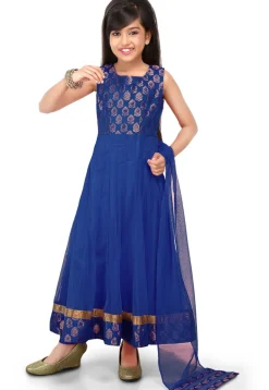 Woven Net Anarkali Suit in Royal Blue