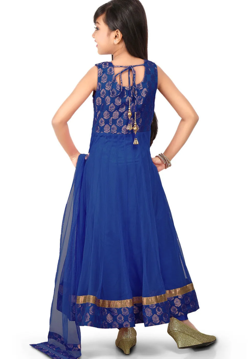Woven Net Anarkali Suit in Royal Blue