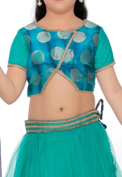 Woven Net Lehenga in Teal Green