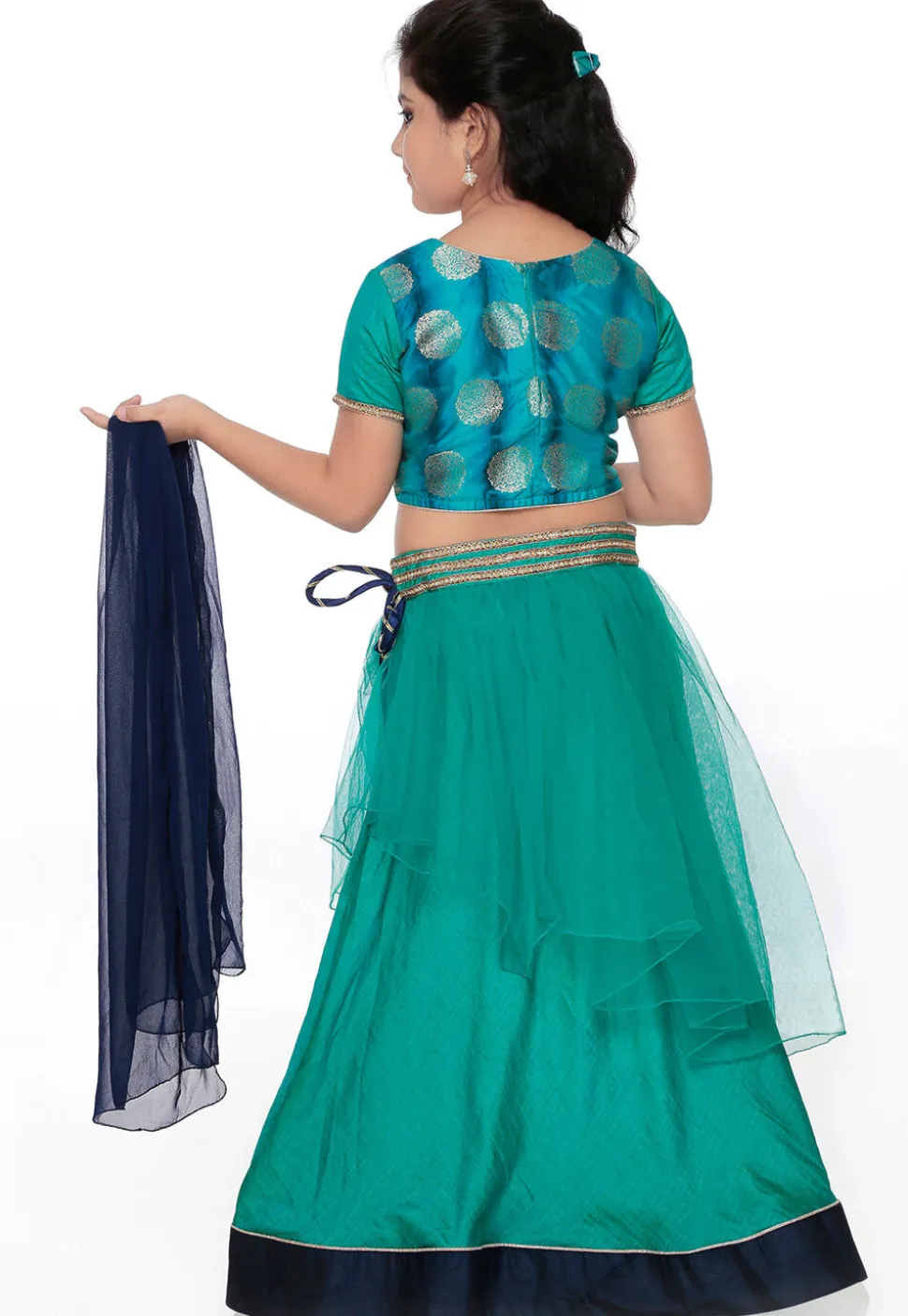 Woven Net Lehenga in Teal Green