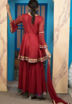 Woven Net Pakistani Suit in Maroon