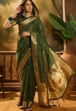 Woven Organza Saree in Dark Green