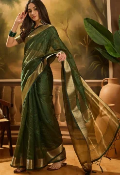 Woven Organza Saree in Dark Green