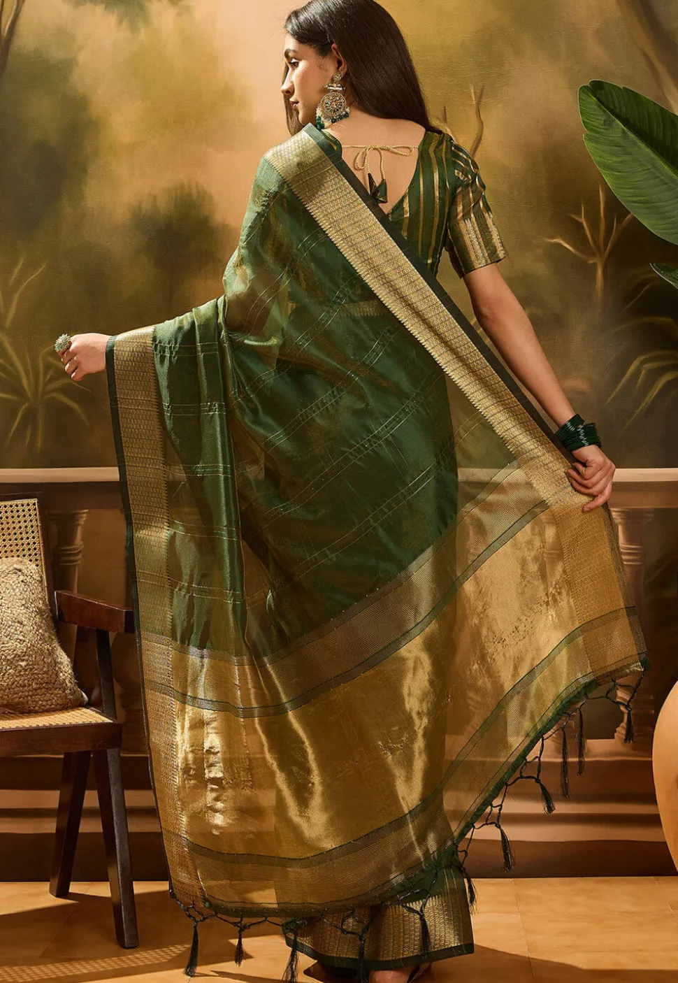 Woven Organza Saree in Dark Green