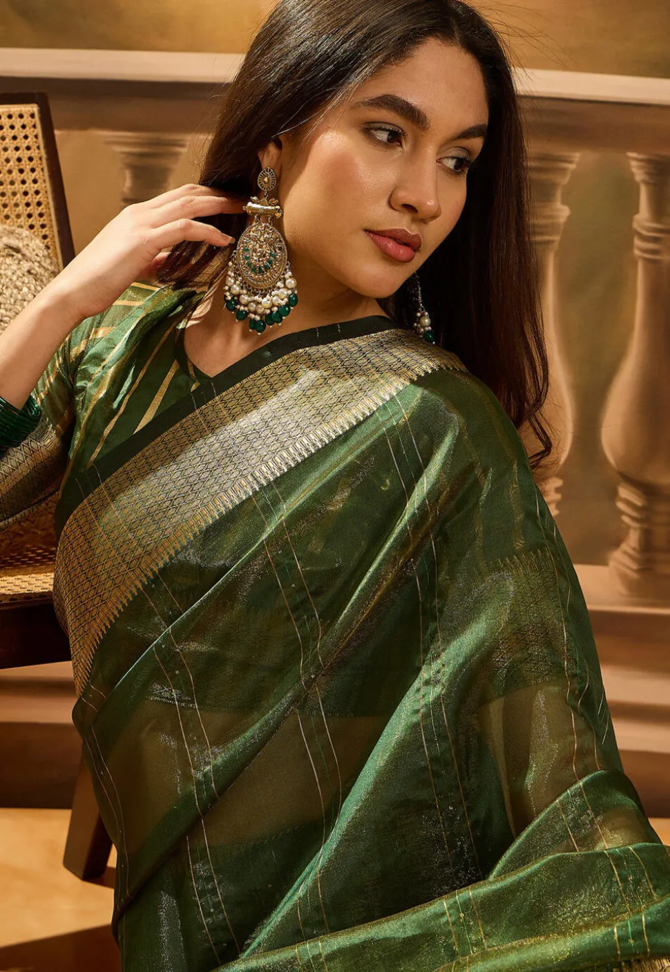 Woven Organza Saree in Dark Green