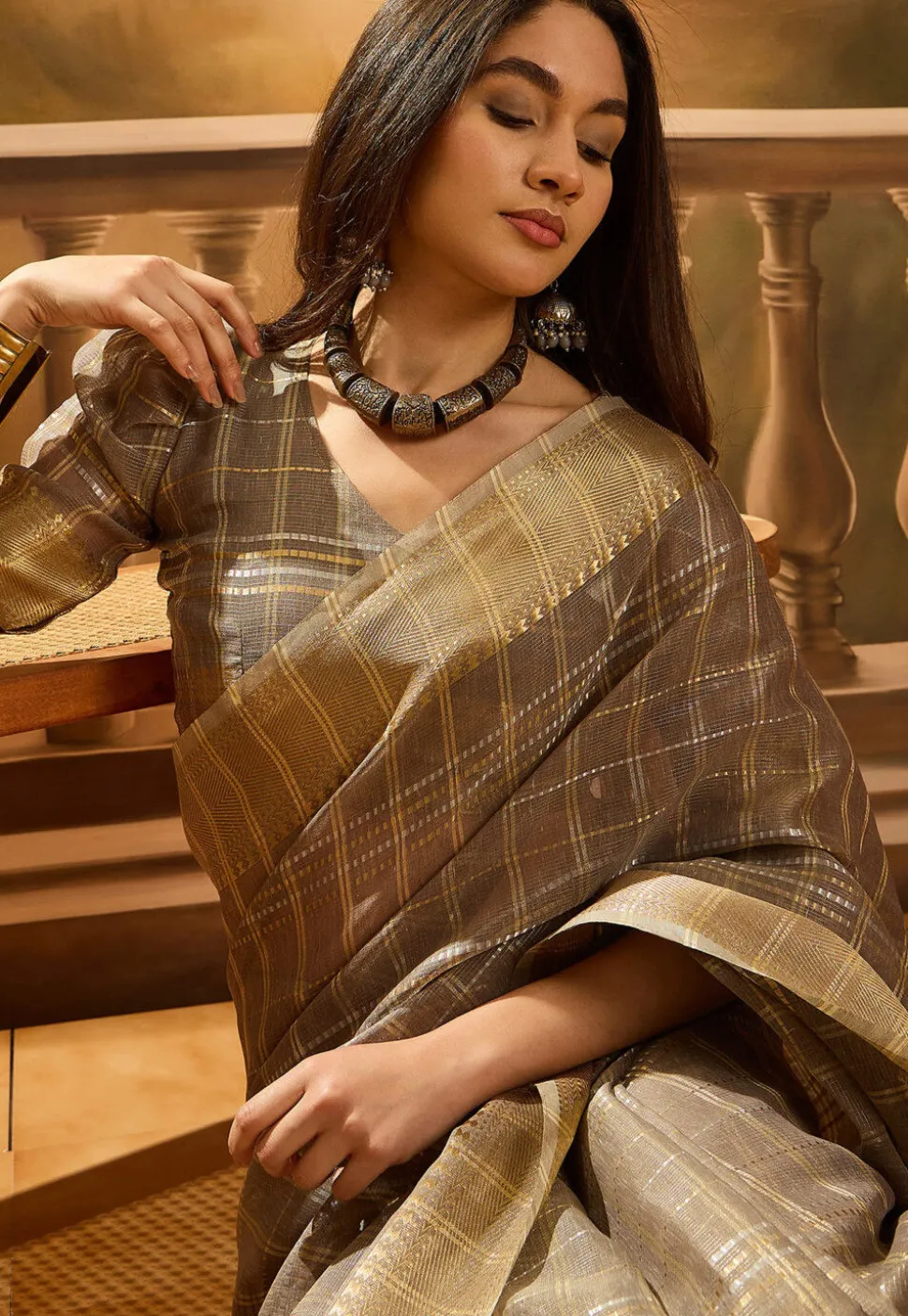 Woven Organza Saree in Grey