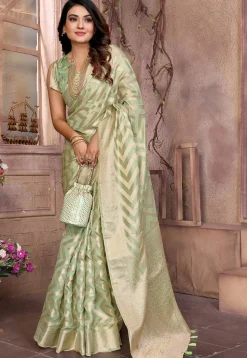 Woven Organza Saree in Light Green