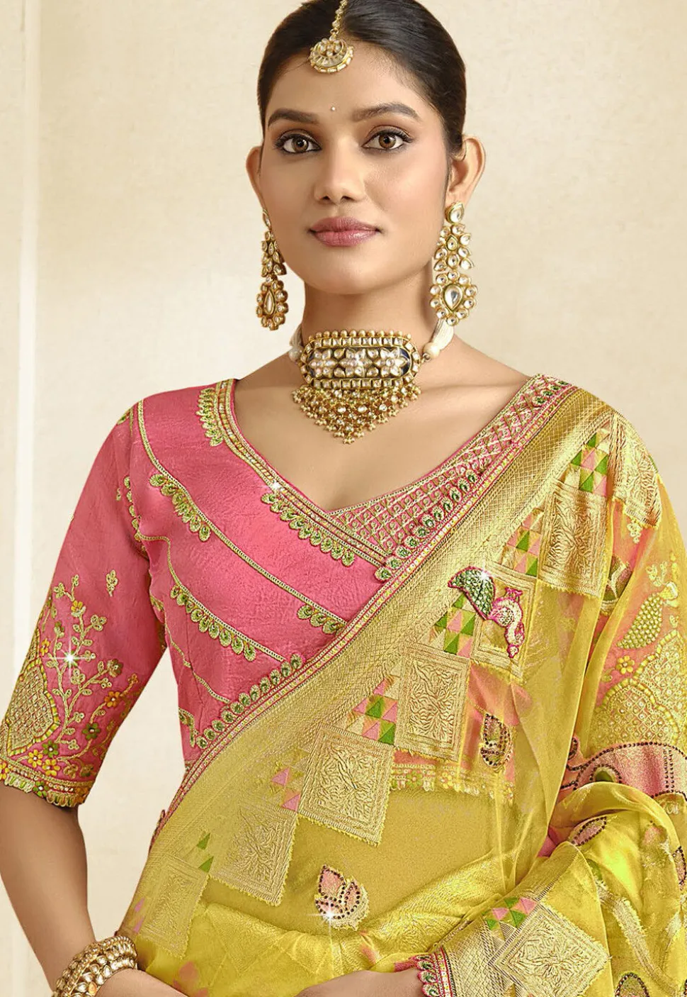 Woven Organza Scalloped Saree in Yellow