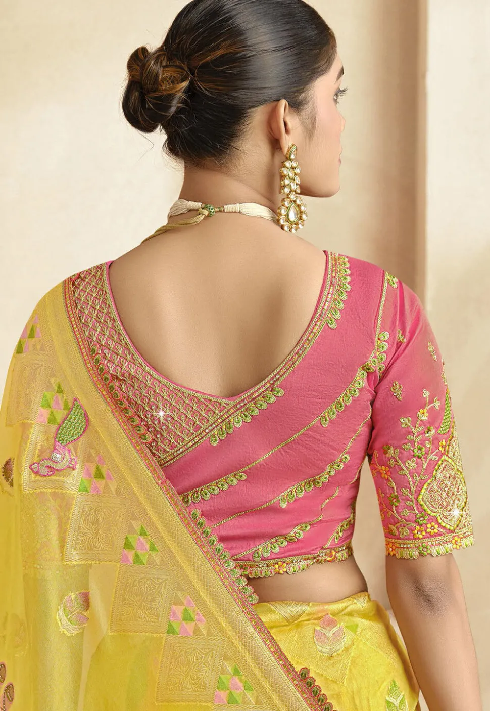 Woven Organza Scalloped Saree in Yellow