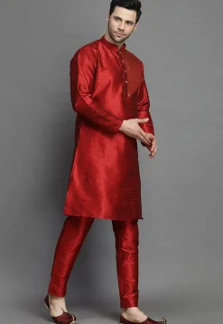 Woven Patch Art Silk Kurta Set in Maroon