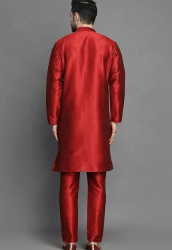 Woven Patch Art Silk Kurta Set in Maroon