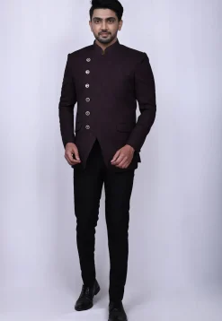 Woven Polyester Jacquard Jodhpuri Suit in Wine