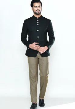 Woven Polyester Jacquard  Jodhpuri Suit in Black