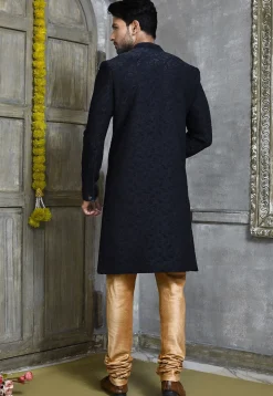 Woven Polyester Jacquard Sherwani in Navy Blue