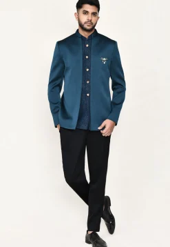 Woven Polyester Jodhpuri Suit in Teal Blue