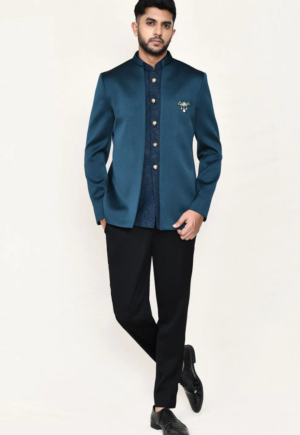 Woven Polyester Jodhpuri Suit in Teal Blue