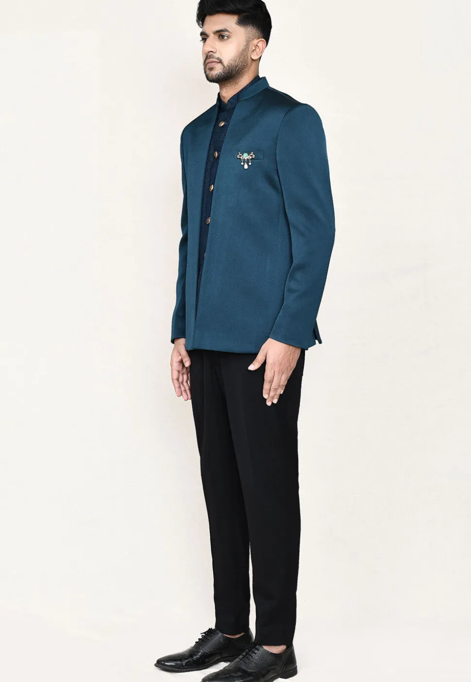 Woven Polyester Jodhpuri Suit in Teal Blue