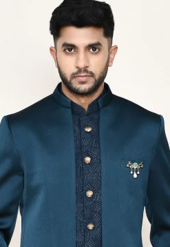 Woven Polyester Jodhpuri Suit in Teal Blue