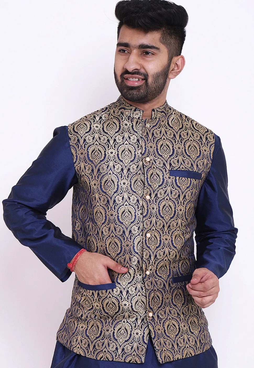 Woven Pure Banarasi Brocade Nehru Jacket in Navy Blue and Beige