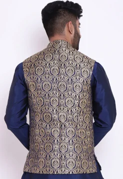 Woven Pure Banarasi Brocade Nehru Jacket in Navy Blue and Beige