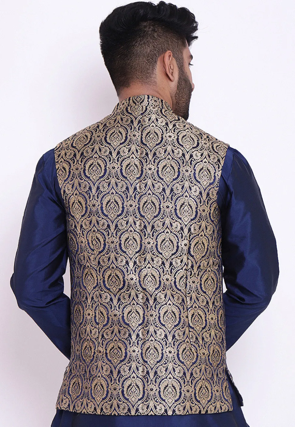Woven Pure Banarasi Brocade Nehru Jacket in Navy Blue and Beige
