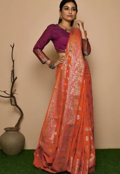 Woven Pure Banarasi Silk Saree in Orange