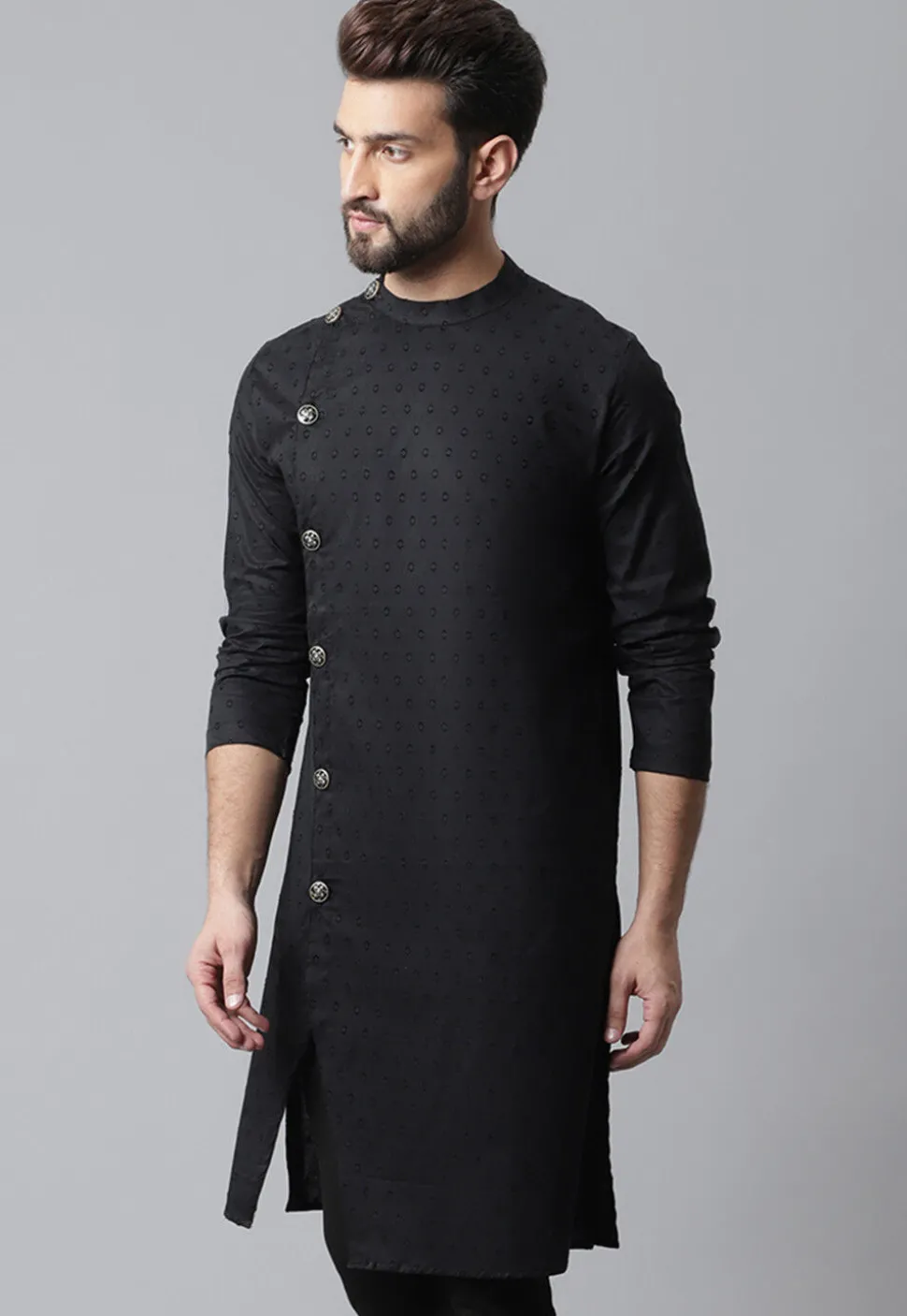 Woven Pure Cotton Dobby Kurta in Black